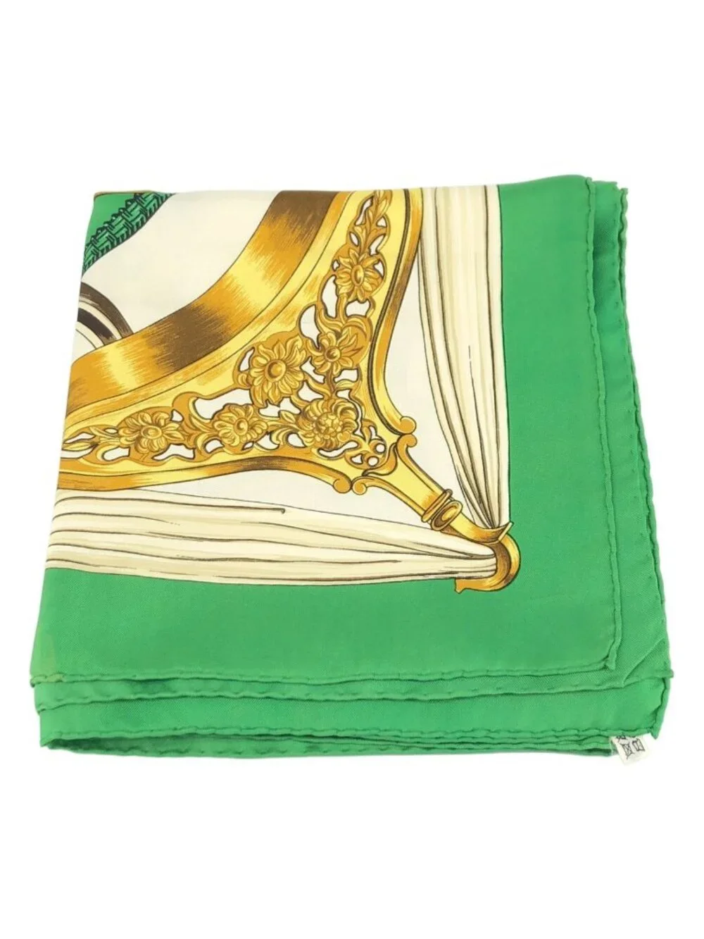 Hermes Carre 90 Etriers Armor Pattern Silk Scarf Green White